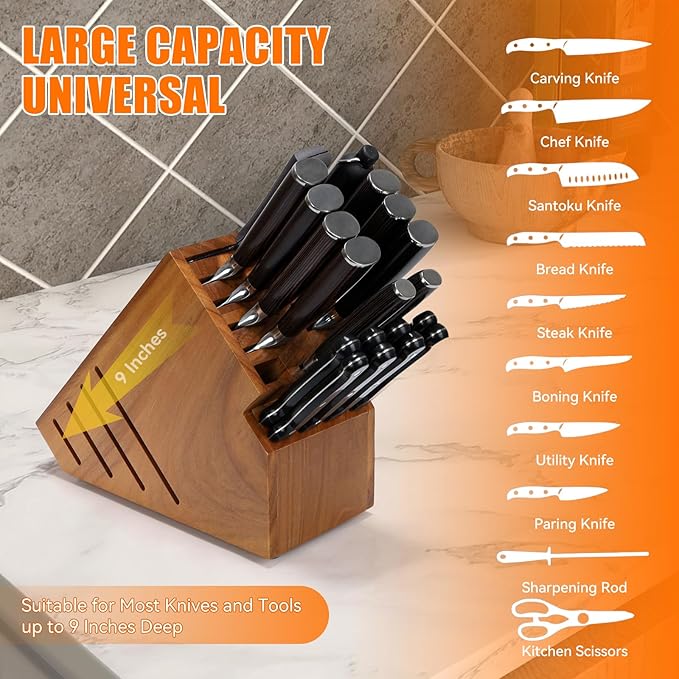 Teak Wood Knife Block Holder without Knives, 20 Slot Large Universal Wooden Knife Block Organizer with Wide Slots and Secure Stand, Countertop Butcher Block for Kitchen Storage
