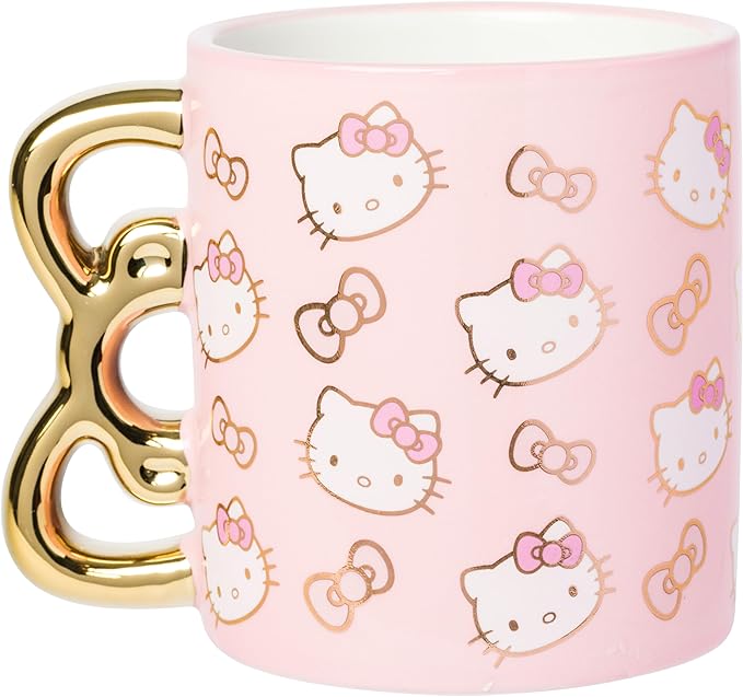 Silver Buffalo Sanrio Hello Kitty Pink and Gold Chrome Ceramic Mug with Bow 3D Sculpted Handle, 20 Ounces