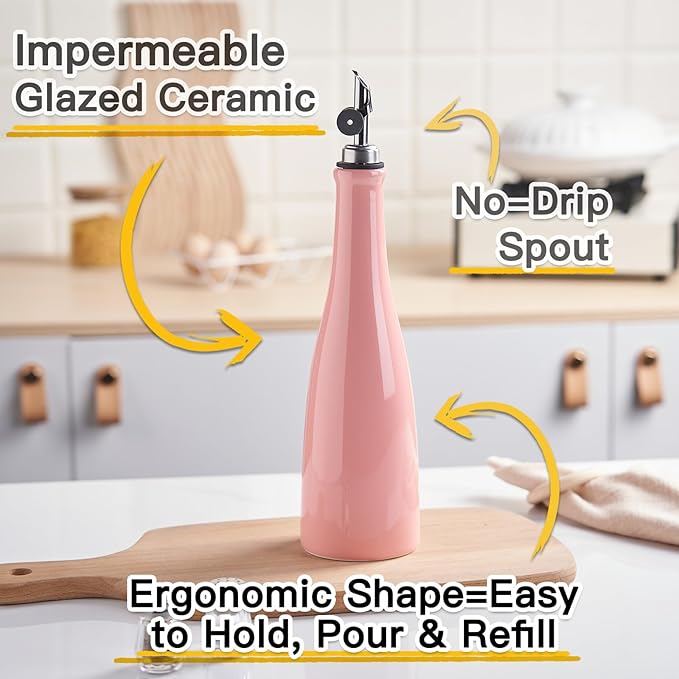 YOLIFE Olive Oil Dispenser Bottle, 20oz Ceramic Oil Dispenser for Kitchen, Oil Bottle with Gravity Spout, Leak Proof EVOO Dispensing Bottle with 2 Spouts and 1 Funnel for Vinegar, Juice(Pink)