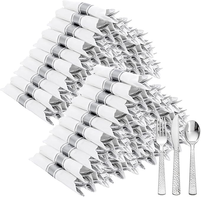 400PCS Pre Rolled Silver Plastic Silverware Sets - Heavy Duty Hammered Silver Cutlery - Include 100 Pack Wrapped Disposable Utensils with Napkins for Parties & Dinners & Weddings