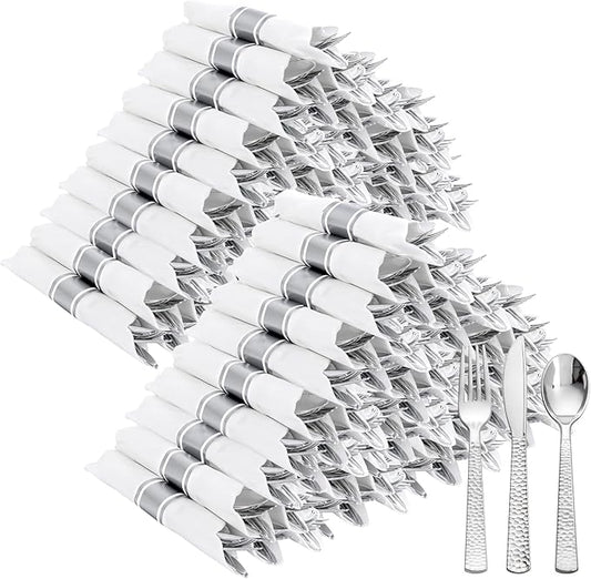 400PCS Pre Rolled Silver Plastic Silverware Sets - Heavy Duty Hammered Silver Cutlery - Include 100 Pack Wrapped Disposable Utensils with Napkins for Parties & Dinners & Weddings