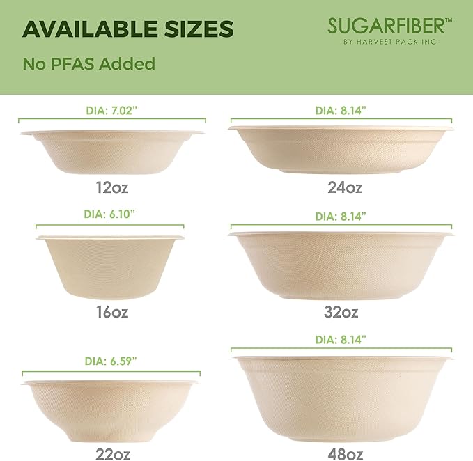 [50 Count] Harvest Pack PFAS Free 12oz Round Paper Compostable Bowls, Heavy-Duty Eco-Friendly Disposable Bagasse Bowls Sugarcane Natural Plant fibers for Meal Prep Takeout Dinnerware