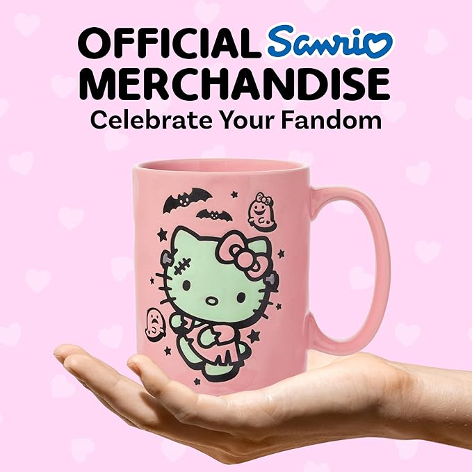 Silver Buffalo Sanrio Hello Kitty Halloween Frankenstein Wax Resist Ceramic Pottery Mug, 17 Ounces