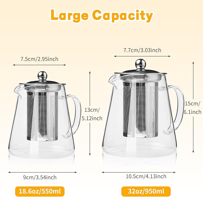 Glass Teapot with Stainless Steel Infuser, Borosilicate Glass Tea Maker, Stovetop Safe (950ML)