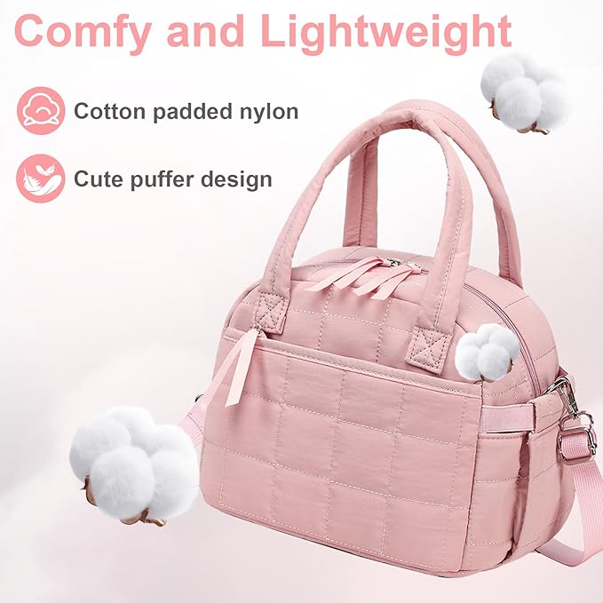 LEDAOU Lunch Box for Women Lunch bag Quilted Puffer Lunch Box with Adjustable Strap Insulated Reusable LunchBox for Work School Picnic Travel (Pink)