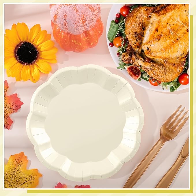 30 Pcs Paper Plates 7 In Ivory Party Plates Scalloped Paper Plate Cute Disposable Cake Plate for Baby Shower, Bridal Shower, Birthday, Wedding