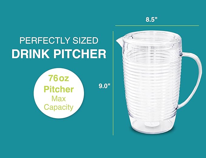 Arrow Home Products Clear Plastic Beverage Pitcher with Lid, 76 Ounce - Thick-Walled Modern Coil Design, Made in the USA - Fill with Ice Water, Iced Tea or Juice - BPA Free, Dishwasher Safe