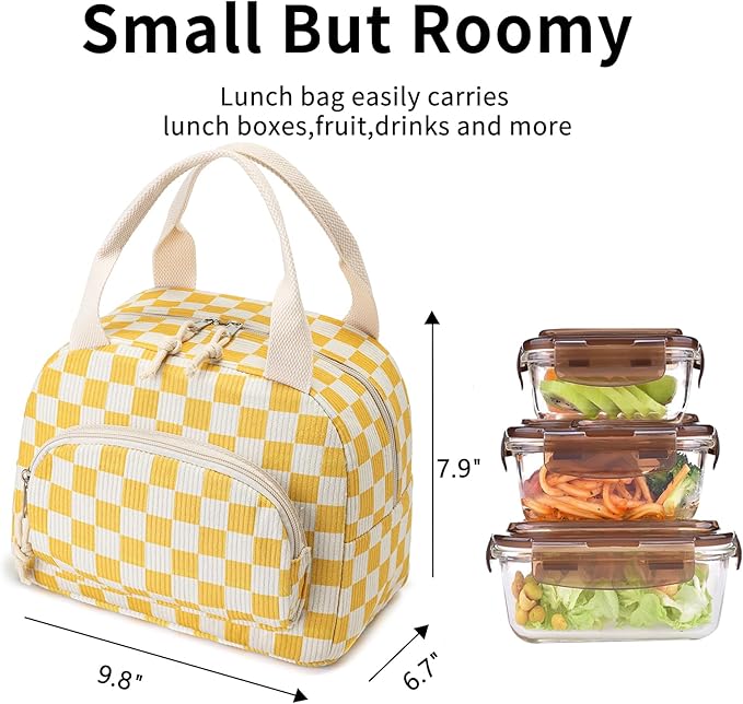 Lunch Bag Women Lunch Box for Women Adult Cute Insulated Lunch Bag Small Cooler Lunch Tote Bags for Work Picnic Travel (Beige-Yellow Plaid)