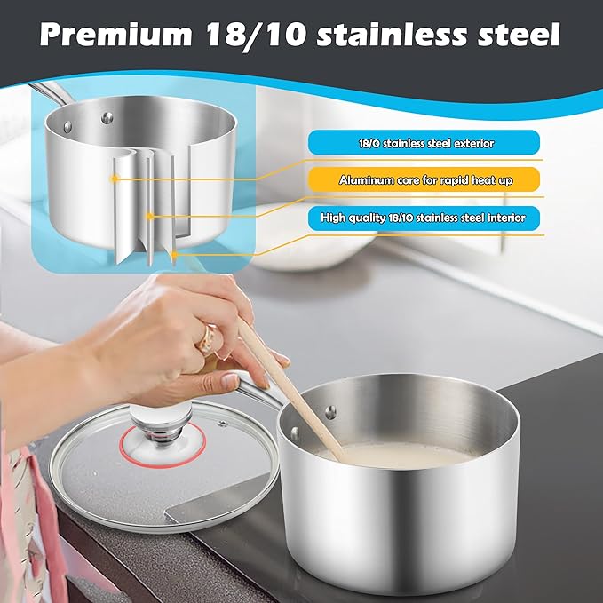 E-far 2-Quart Saucepan, Tri-Ply Stainless Steel Sauce Pan with Glass Lid, Small Cooking Induction Pot Compatible with All Cooktops, Non Toxic, Oven & Dishwasher Safe