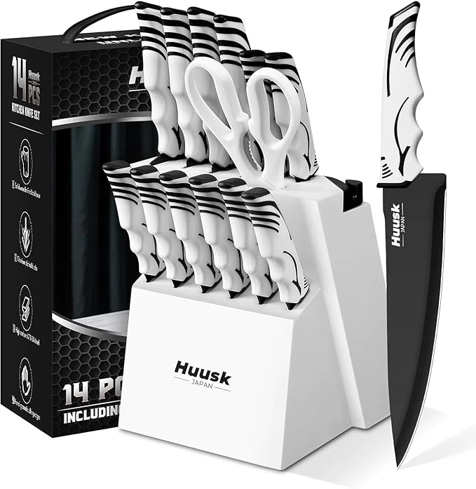 Huusk Knife Block Set with Sharpener - White Kitchen Knives Set with Wooden Knife Block - Ideal Housewarming Gifts for New Home - Chef Knife Set with Kitchen Shears - Christmas Gift for Men and Women