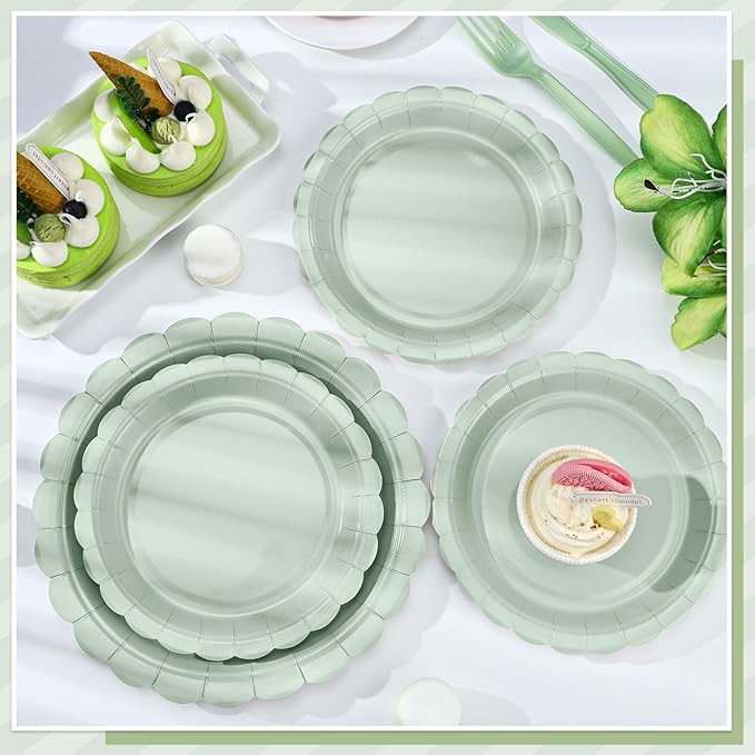 30 Pcs Dessert Plates Disposable, 7 Inch Scalloped Sage Green Cake Plates Small Birthday Appetizer Plate Cute Sage Green Paper Plate for Baby Bridal Shower, Wedding
