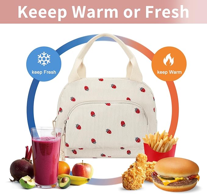 Lunch Bag Women Lunch Box for Women Adult Cute Insulated Lunch Bag Small Cooler Lunch Tote Bags for Work Picnic Travel (Beige-Strawberry)