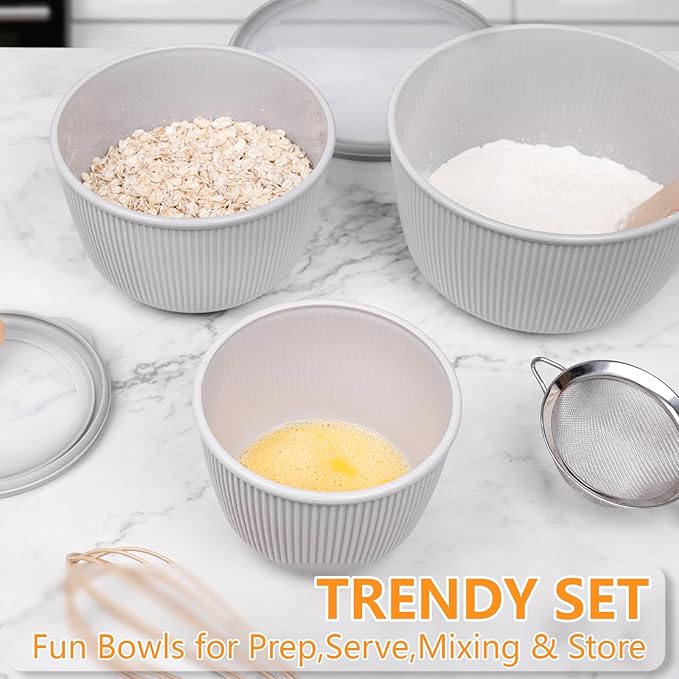 BoxedHome Nesting Plastic Mixing Bowls, BPA-Free Plastic, Microwave and Dishwasher Safe, Set of 4, 1.27/2.22/3.38/4.76quart, Grey