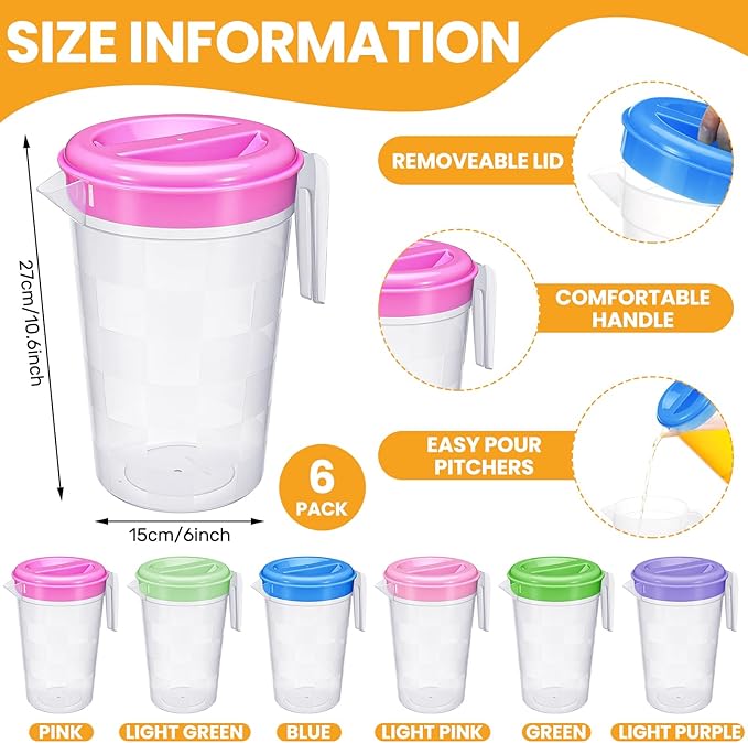 Honeydak 6 Pcs 70 Oz Round Clear Plastic Pitcher with Lid & Handle for Water Iced Tea Beverages (6 Packs Assorted Color) Jarras Para Aguas Frescas Plastic Pitcher for Easy Pouring