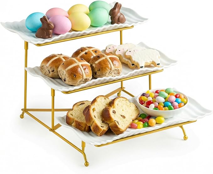 LAUCHUH 3 Tier Trays Stand, Porcelain Serving Trays Collapsible Sturdier Stand Serving Platters Dessert Table Display Set for Indoor Mother's Day Party, Entertaining, Gold, 12.2 Inch