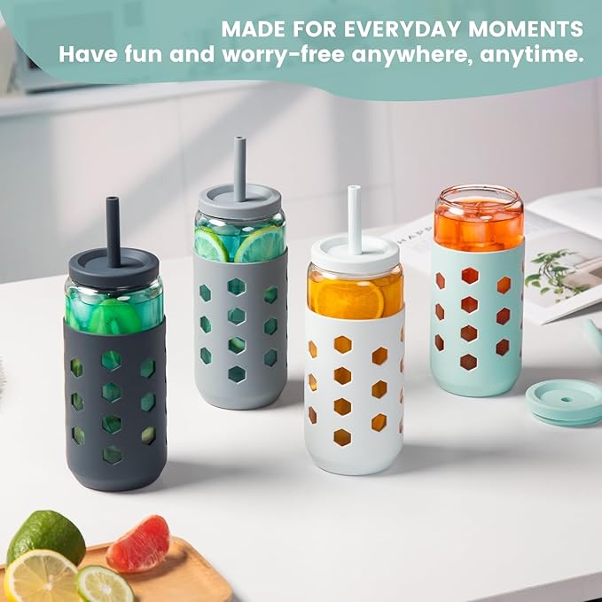 Glass Cups with Lids and Straws (4 Pcs), 20oz Drinking Glasses Set with Silicone Sleeves for Coffee Bar Accessories Iced Coffee Cups with Lids, Glass Tumbler Reusable for Gifts