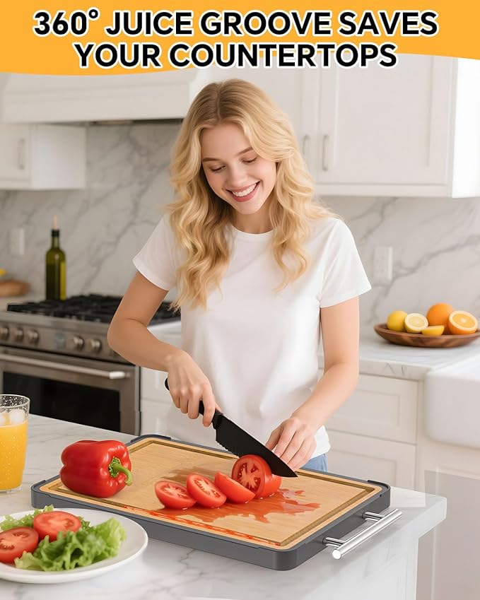 Double-Sided Titanium & Bamboo Cutting Board, Non-Slip Kitchen Board with Handle for Meat, Veggies, Fruit & Everyday Prep, Easy to Clean (16×11)