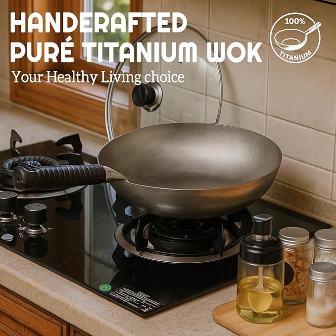 Pure Titanium Wok with Lid, Ultra Lightweight 2.5 Lbs Titanium Wok Single-piece Molded No Coating Rivetless Handcrafted Frying Pan Durable Cookware for Gas Stove Home & Outdoor Camping