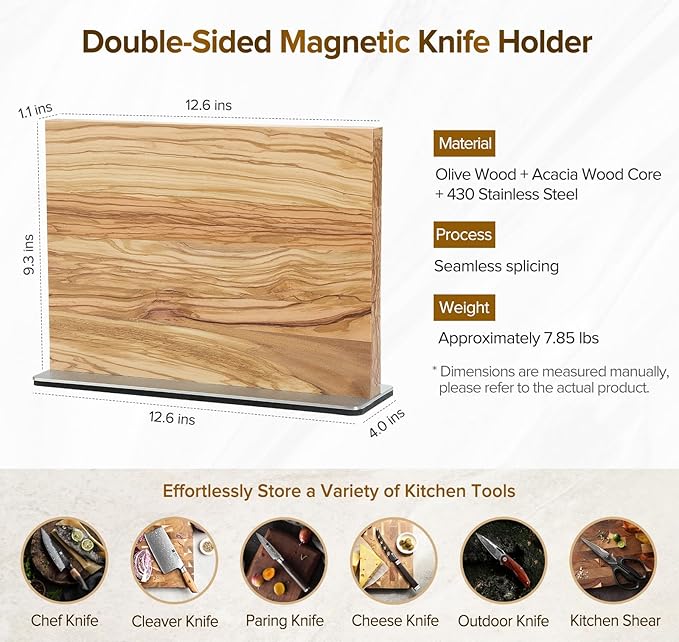 XINZUO Double Sided Magnetic Knife Holder Rack For Kitchen Counter - Natural Olive Wood Stand,Modern Knife Block & Storage - Magnetic Storage(12.6 X 4 X 9.3Inches)