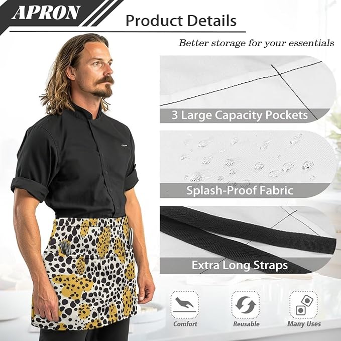 Server Waitress Waist Apron with 3 Pockets, Short Aprons for Servers,Waiter Apron For Waiter Accessories