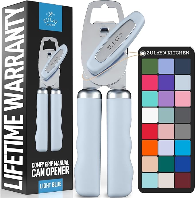 Zulay Kitchen Heavy Duty Stainless Steel Can Opener Manual with Bottle Opener - Rust Proof Manual Can Opener With Turn Knob & Comfy Soft Grip Handles - Light Blue