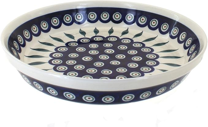 Blue Rose Polish Pottery - Blue Peacock Pie Plate - 9.75" Diameter - Ceramic Baking Dish, For Pies, Quiches & Desserts