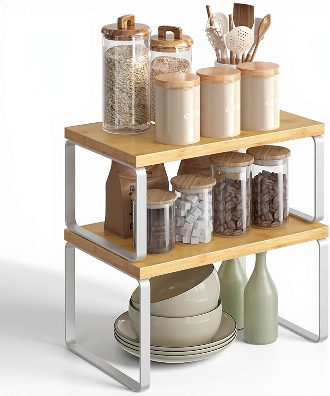 HOOBRO Cabinet Organizer Shelf, Set of 4 Kitchen Counter Shelves, Expandable Kitchen Storage, Stackable Bamboo Spice Rack, for Kitchen, Countertop, Office Desk, Bathroom, Natural and White YW30TLP201
