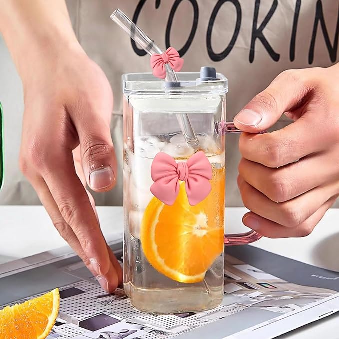 13Oz Square Glass Cups with Lids and Straws，Heat Resistant Glass Tumbler with Handle Bow Knot Transparent Drinking Glasses for Water,Juice,Iced Coffee,Milk,Tea (pink)