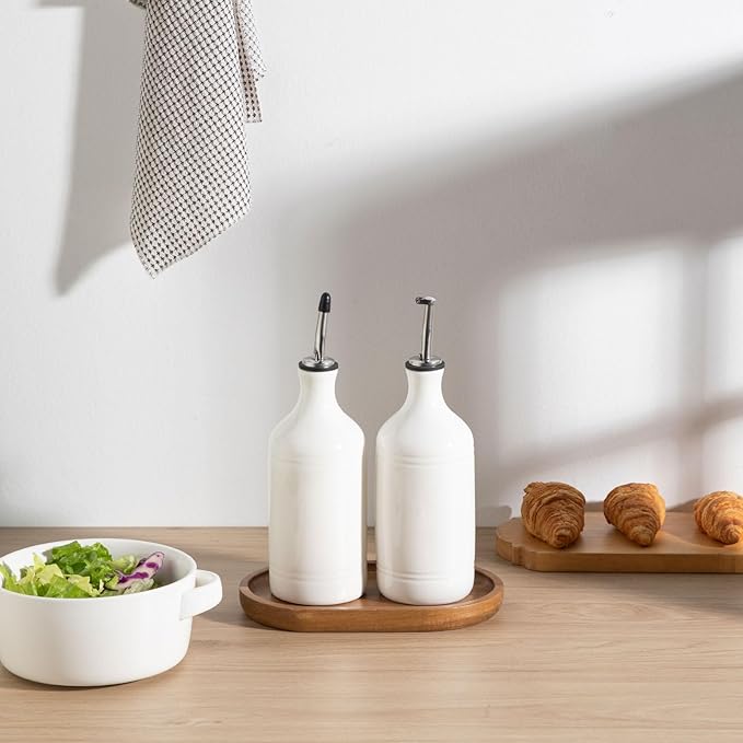 Sweejar Ceramic Olive Oil Dispenser Bottle Set, Opaque Oil Cruet Protects to Reduce Oxidation, Suitable For Storage Of Vinegar, Soy Sauce & Other Liquids,Pack of 2,15.5 Fl Oz（White）