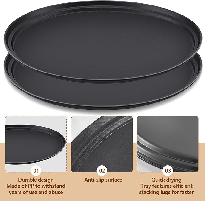 2 Pcs Restaurant Serving Trays PP Plastic Non Slip Rubber Lined Large Oval Tray for Kitchen Dining Room Cafeterias Fast Food Service (24 x 29 Inch,Black)
