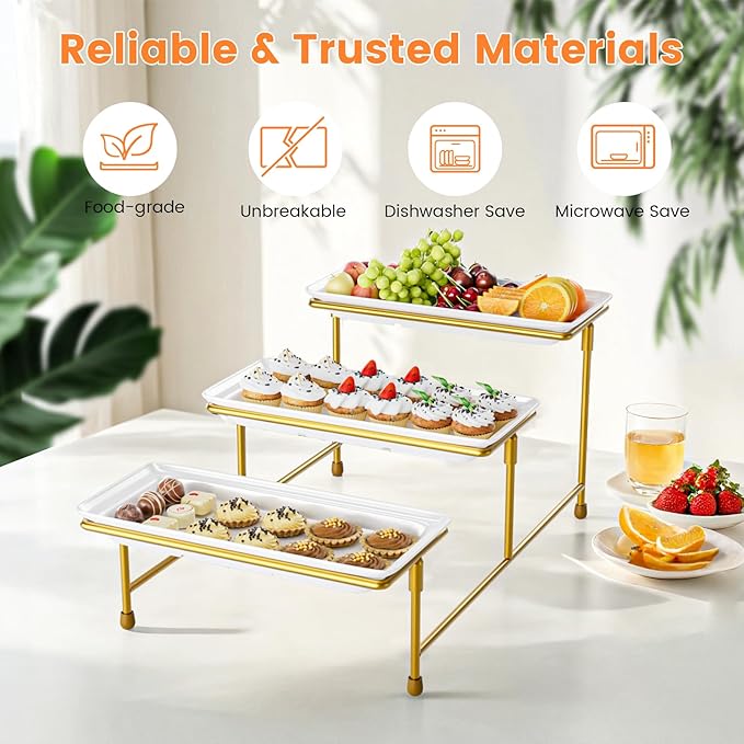3 Tier Serving Tray for Party, 14"x7" Tiered Serving Platters with Steel Display Stand for Sevring Food,Cookies,Veggie, Dessert,Fruit, Gold