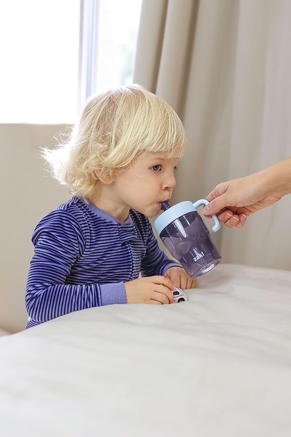Zak Designs Capri Toddler Tumbler For Travel or At Home, 10oz 2-Pack Durable Plastic Sippy Cups With Handle and Leak-Proof Design are Perfect For Kids (Wheels, Blue)