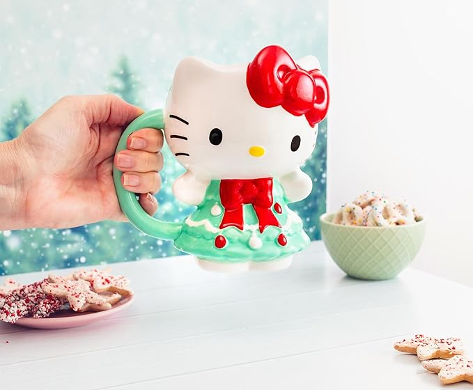 Silver Buffalo Sanrio Hello Kitty Holiday Christmas Tree Dress 3D Sculpted Ceramic Mug, 20 Ounces