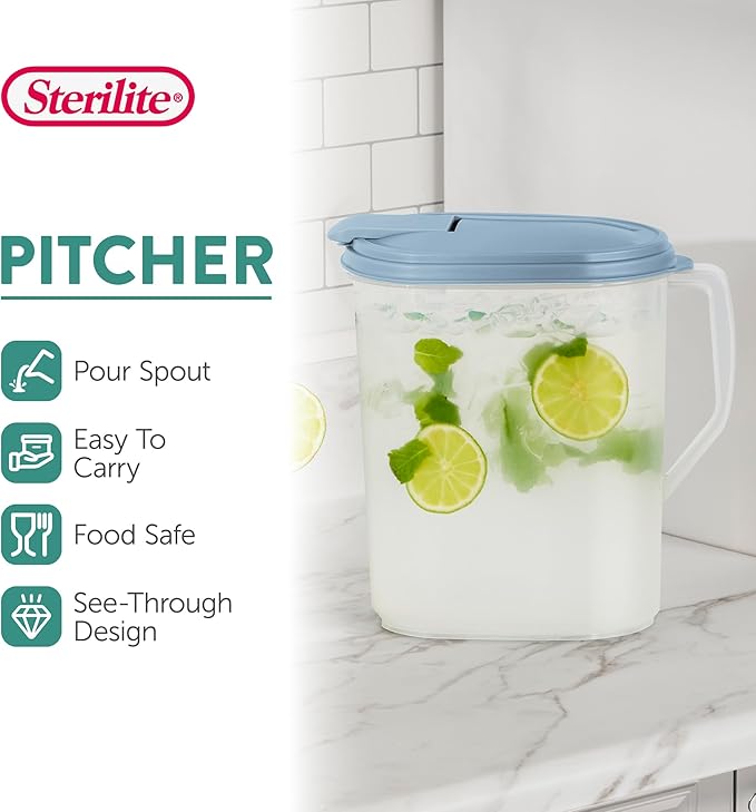 Sterilite 6 Pack 1 Gallon Clear Plastic Pitcher, Dishwasher Proof with Blue Lid, Spout, and Handle for Easy Pouring, Washed Blue