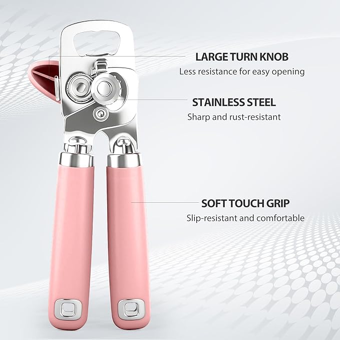 Can Opener Manual, Heavy Duty Stainless Steel Smooth Edge Can Openers With Soft Touch Handle, Oversized Handheld Easy Turn Knob, Multi-Function Bottle Opener, Pink