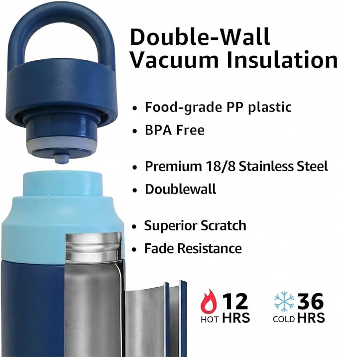 Blue Stainless Steel Water Bottle Insulated 20 oz Tumbler with Handle,Leak Proof Travel Bottles,Water Cup with Lids