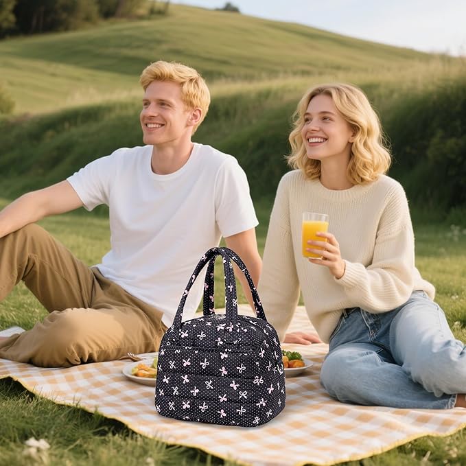 LEDAOU Lunch Box for Women Lunch bag Quilted Puffer Lunch Box Insulated Reusable LunchBox for Work School Picnic Travel (Pink Bow - Black)