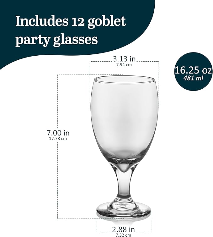 Libbey Classic Glass Goblets Set Of 12, Dishwasher Safe 16.25 Oz Drinking Goblets for Tea, Sangria and More, Ideal Stemmed Water Glasses for Parties
