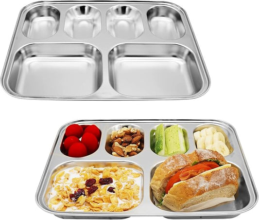 Korean Stainless Steel Divided Plates for Kids, Adults, Students, Premium 304, Electro-Polished, No Black Residue, BPA-Free, 6-Compartment Food Tray, Picky Eaters, Diet Portion Control, Set of 2