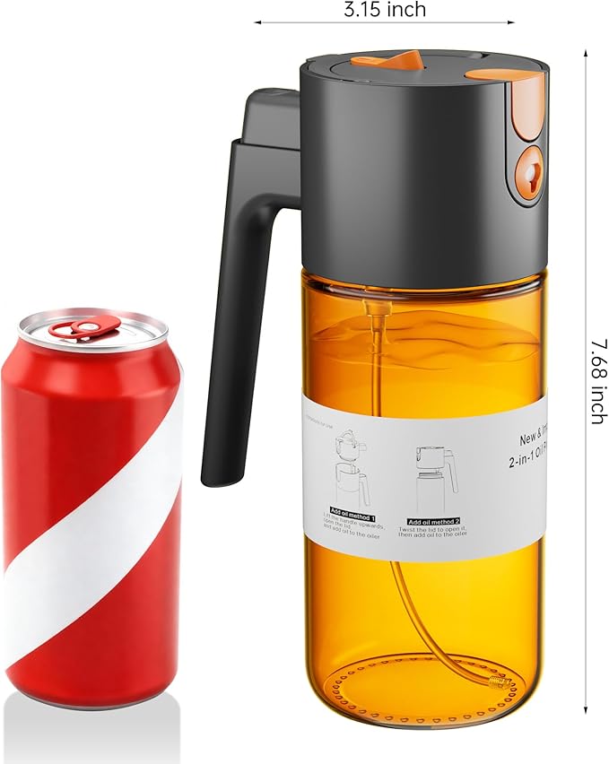 Upgrade 2 in 1 Oil Sprayer for Cooking, 17oz Light-Blocking Glass Olive Oil Dispenser Bottle for Kitchen,Food-Grade Oil Mister with 8 Stickers for Salad, Frying(Amber Bottle-Black Gap)
