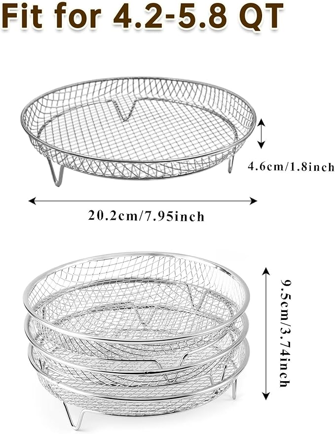 8 Inch Air Fryer Rack, 3 Layers Stainless Steel Air Fryer Basket, Stackable Cooling Racks, Air Fryer Accessories Fit for 4.2-5.8 QT Oven Press Cooker, Round