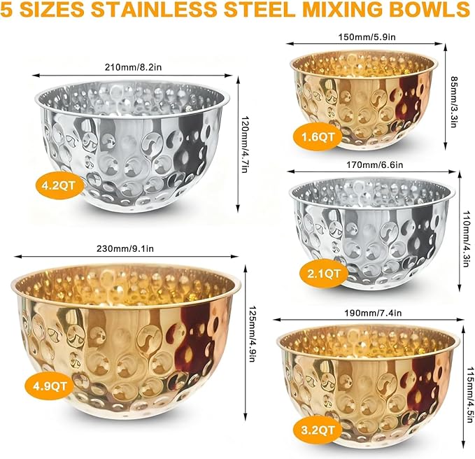 Mixing Bowls Set, 5PCS Stainless Steel Hammered Multicolor Mixing Bowls, Nesting Design Kitchen Bowls, 4.9/4.2/3.2/2.1/1.6QT for Mixing & Serving