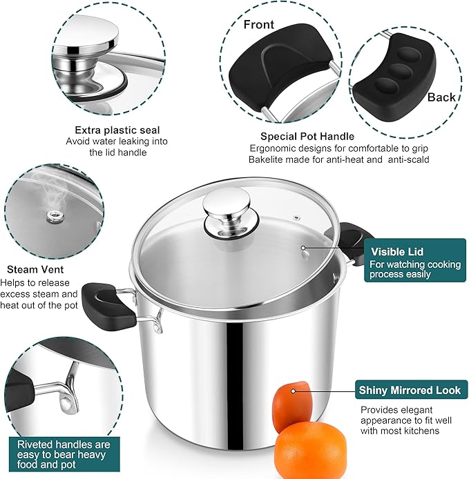 10 Quart 3-Ply Cooking Stock Pot with Lid, P&P CHEF Stainless Steel Large Pot for Pasta Soup, Work on Multi Stove, Heavy Duty & Dishwasher Safe, Dual Heat-resistant Handles & Transparent Glass Lid