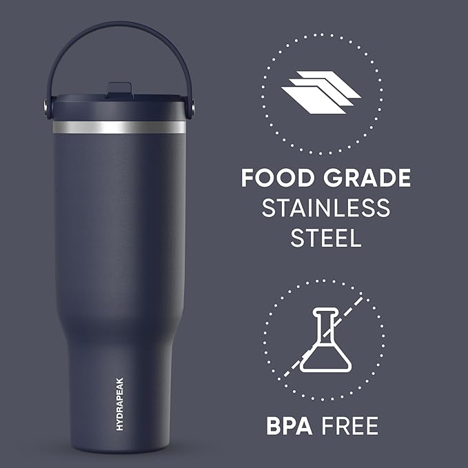 Hydrapeak Nomad 40 oz Tumbler with Handle and Straw Lid, Leakproof, Double Insulated, 40oz Cup Stainless Steel (Navy)