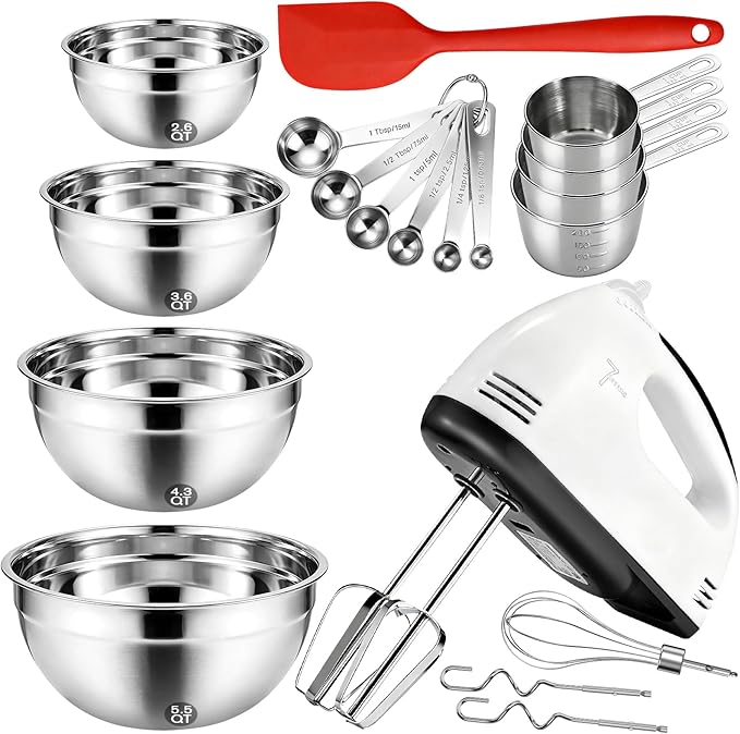 Electric Hand mixer - 7 Speeds Handheld Mixer Electric Whisk with 4 Large Mixing Bowls Set & Stainless Steel Metal Nesting Bowl Measuring Cups Spoons, Turbo Boost Food Beater for Cakes Eggs