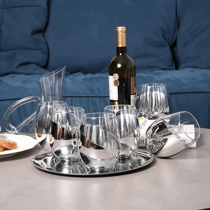 MyGift Modern Stemless Wine Glass Set of 6, White or Red Wine Glasses with Silver Metallic Bottom Angled Design