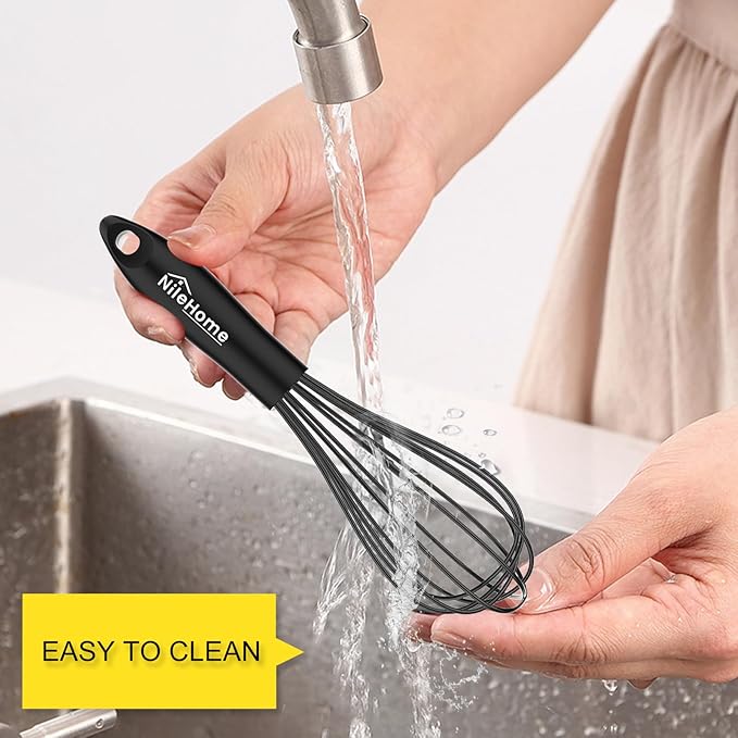 NileHome Silicone Whisk 10" Kitchen Whisk Kitchen Wisk Wire Whisks for Cooking, Whisking, Blending, Beating, Stirring-Black