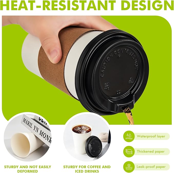 12 oz 50 Pack Disposable Paper Coffee Cups with Lids, Sleeves and Straws, Disposable Hot Cups for Coffee, Tea, Cocoa, Water