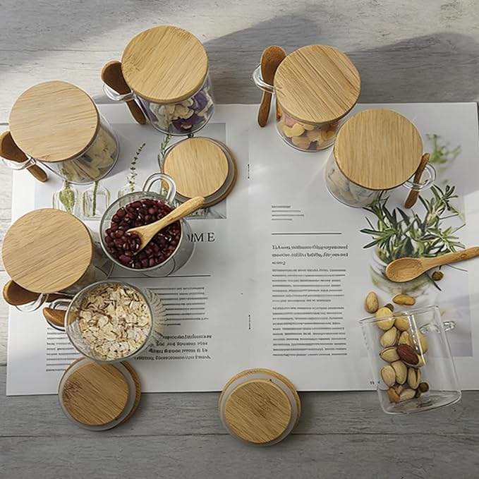 7.6 oz Airtight Mini Glass Jars with Bamboo Lids and Bamboo Spoons, Spice Jars Small Food Storage Containers for Kitchen, Bathroom, Home Decor Set of 8