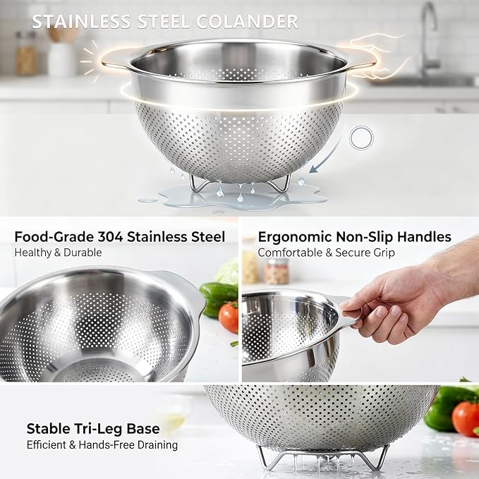 18/8 Stainless Steel Strainer and Colander for Kitchen, Pasta Strainer with Handle, Metal Colander for Spaghetti, Rice, Fruit, Vegetables, Noodles and Eggs, Collander and Sieve （3QT）